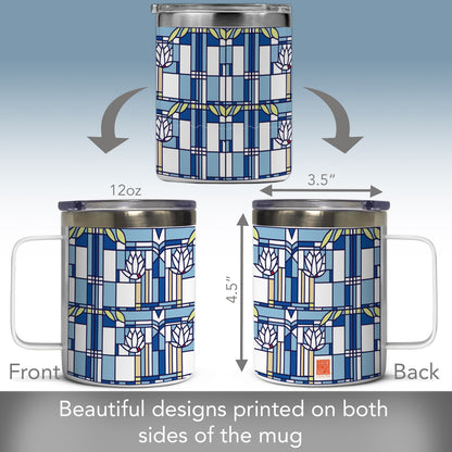 Frank Lloyd Wright's Waterlilies Design on Stainless Steel Mug with Lid 12 oz. Manufactured in the USA