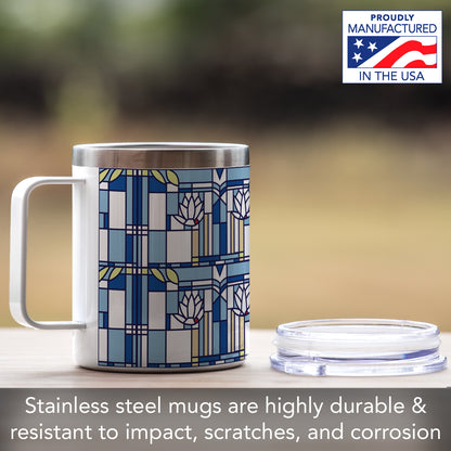 Frank Lloyd Wright's Waterlilies Design on Stainless Steel Mug with Lid 12 oz. Manufactured in the USA