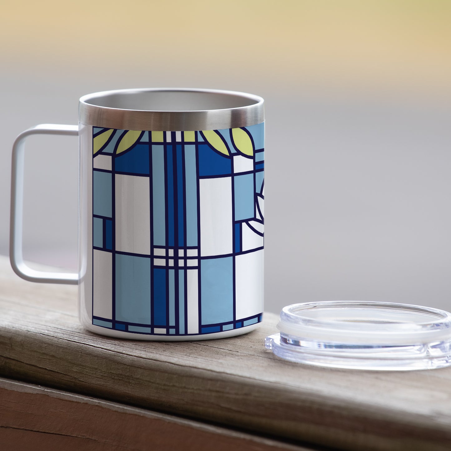 Highland Home Waterlilies Design by Frank Lloyd Wright on Stainless Steel Mug with Lid 12 oz. Manufactured in the USA