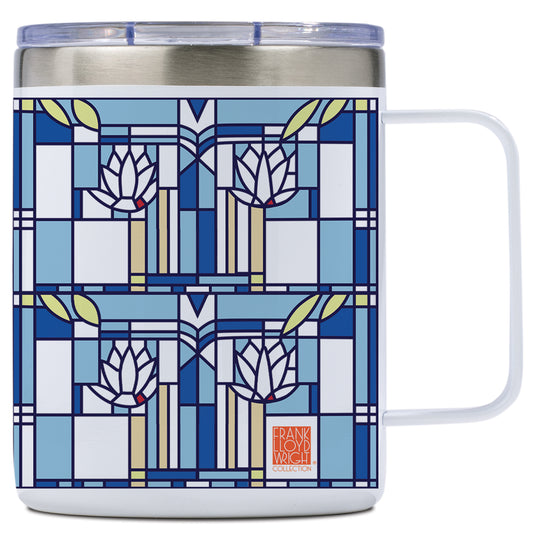 Frank Lloyd Wright's Waterlilies Design on Stainless Steel Mug with Lid 12 oz. Manufactured in the USA