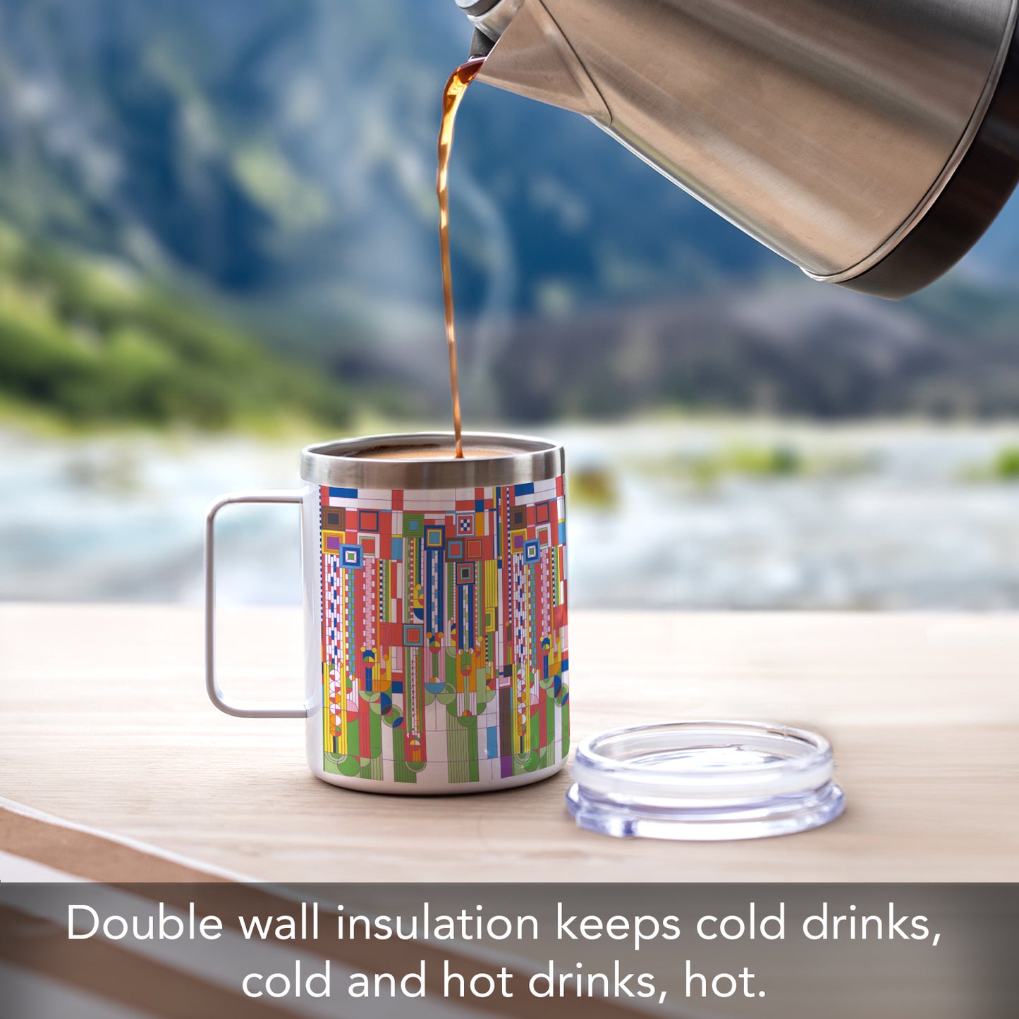 Highland Home Saguaro Design by Frank Lloyd Wright on Stainless Steel Mug with Lid 12 oz. Manufactured in the USA