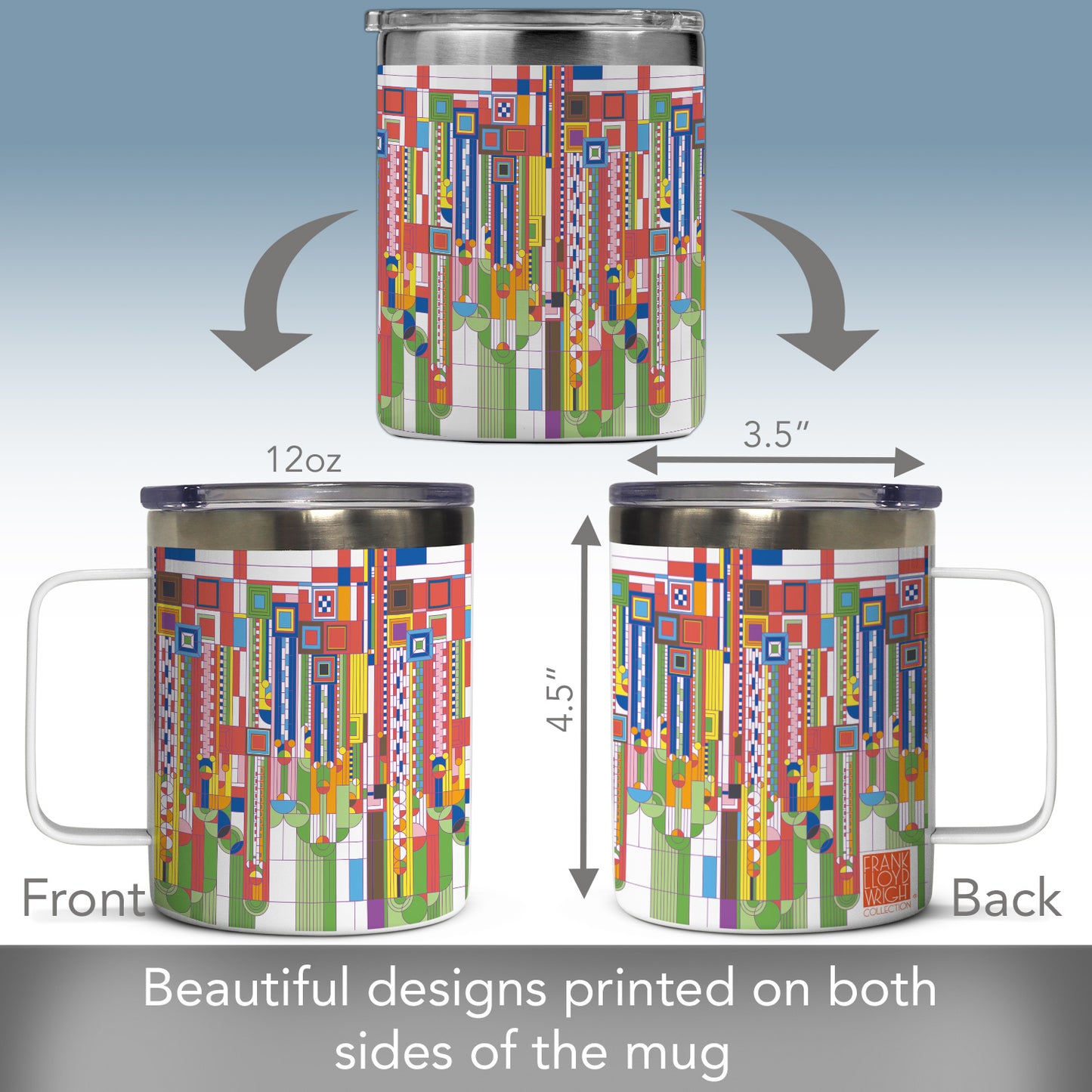 Highland Home Saguaro Design by Frank Lloyd Wright on Stainless Steel Mug with Lid 12 oz. Manufactured in the USA