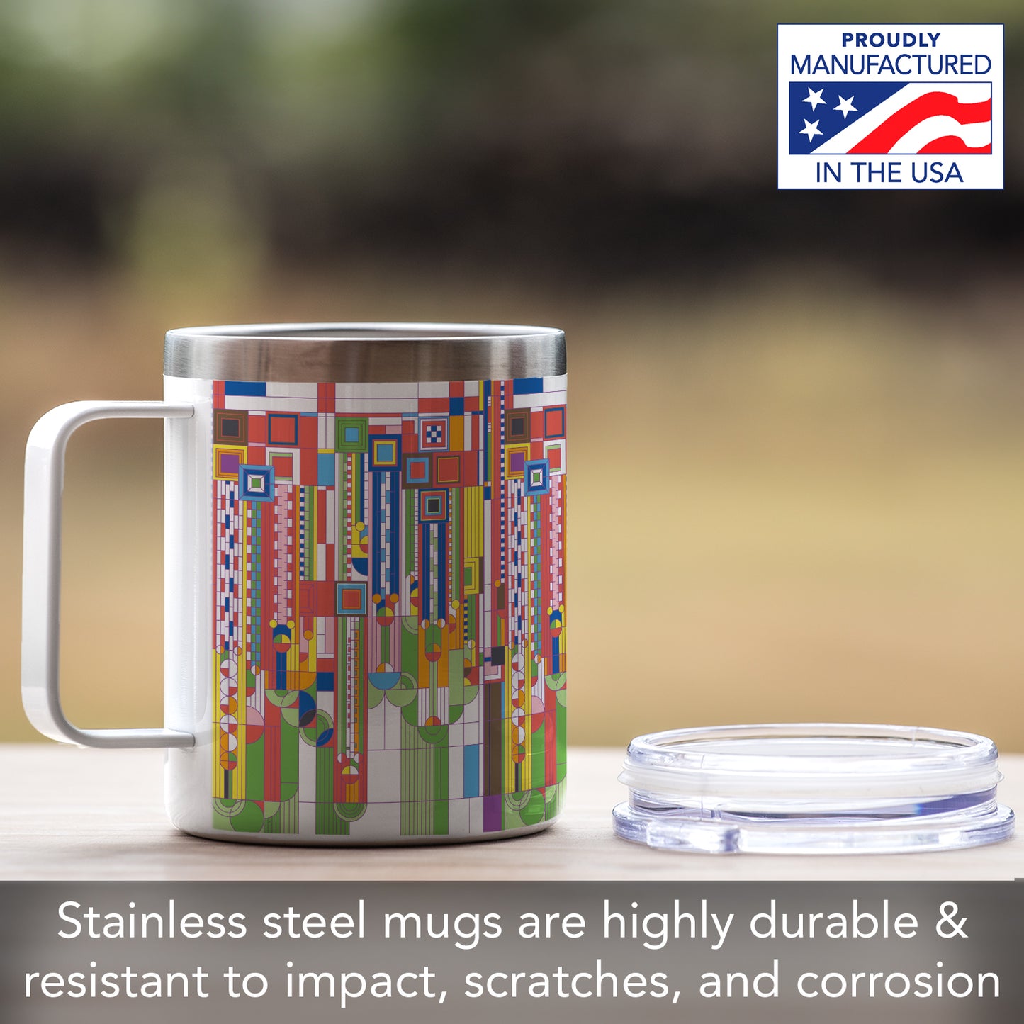 Highland Home Saguaro Design by Frank Lloyd Wright on Stainless Steel Mug with Lid 12 oz. Manufactured in the USA