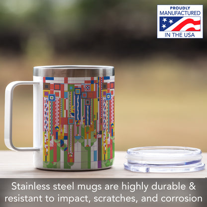 Highland Home Saguaro Design by Frank Lloyd Wright on Stainless Steel Mug with Lid 12 oz. Manufactured in the USA