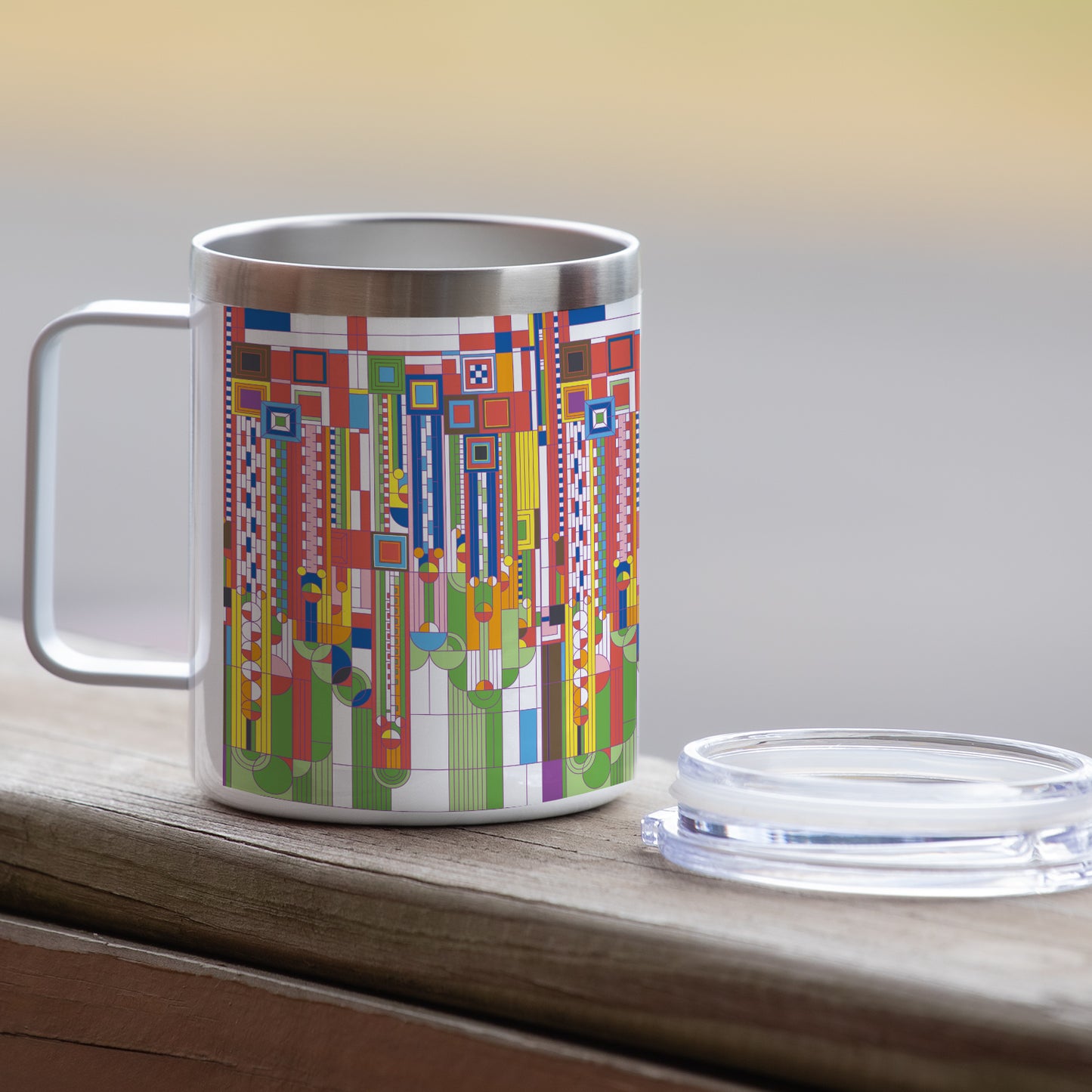 Highland Home Saguaro Design by Frank Lloyd Wright on Stainless Steel Mug with Lid 12 oz. Manufactured in the USA