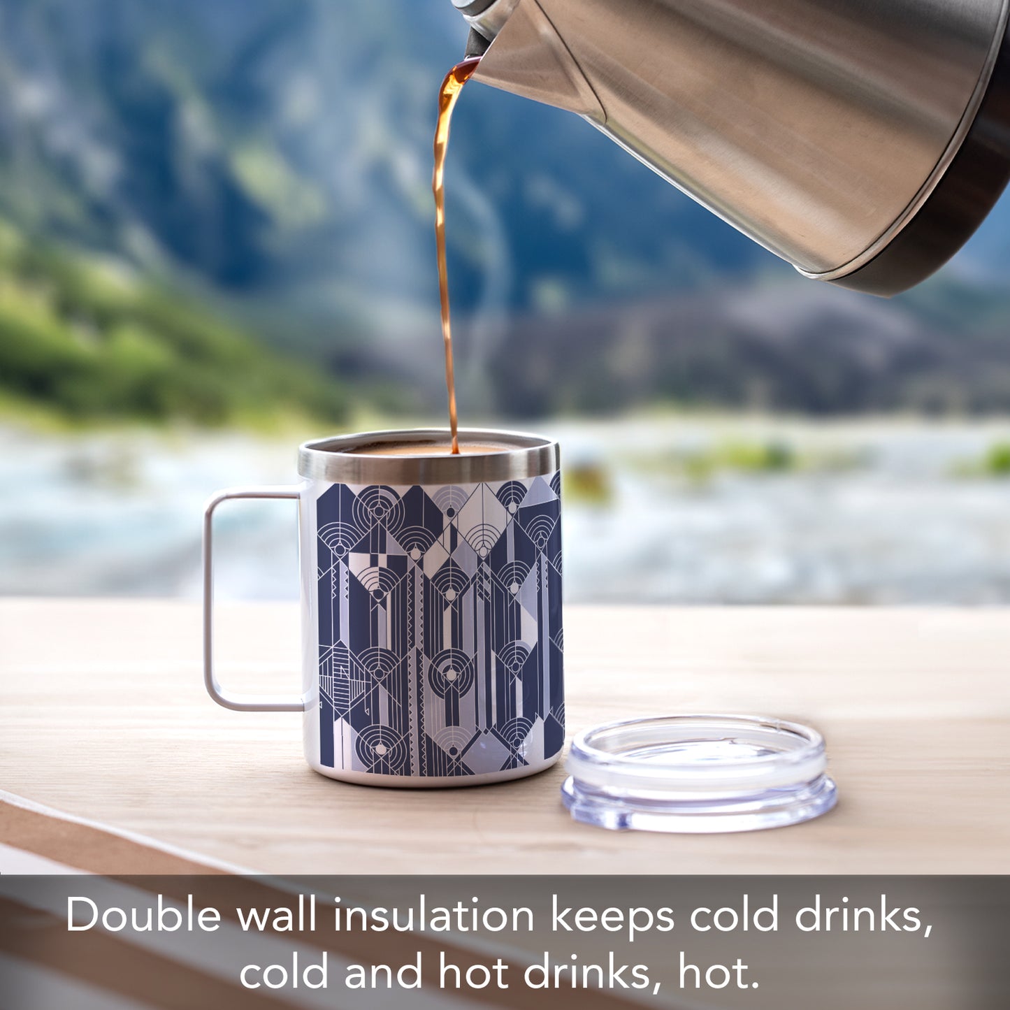 Highland Home April Showers Design by Frank Lloyd Wright on Stainless Steel Mug with Lid 12 oz. Manufactured in the USA