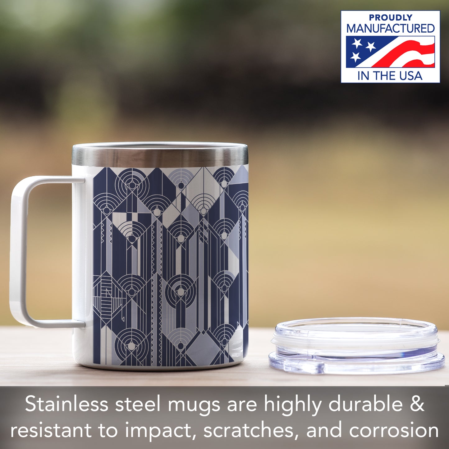 Highland Home April Showers Design by Frank Lloyd Wright on Stainless Steel Mug with Lid 12 oz. Manufactured in the USA