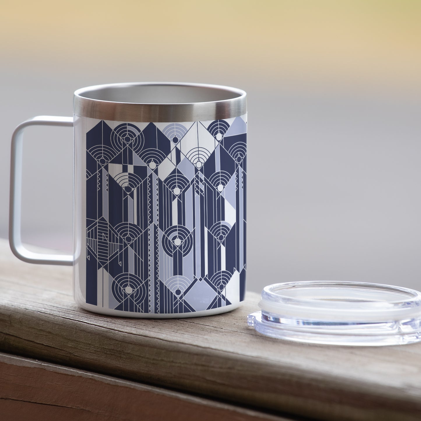 Highland Home April Showers Design by Frank Lloyd Wright on Stainless Steel Mug with Lid 12 oz. Manufactured in the USA