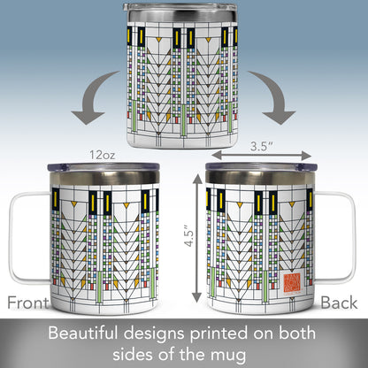 Highland Home Tree of Life Design by Frank Lloyd Wright on Stainless Steel Mug with Lid 12 oz. Manufactured in the USA