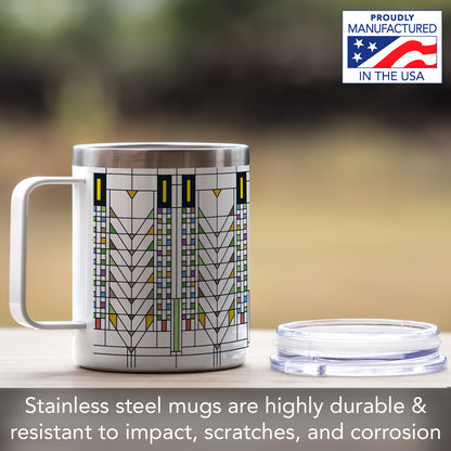 Highland Home Tree of Life Design by Frank Lloyd Wright on Stainless Steel Mug with Lid 12 oz. Manufactured in the USA