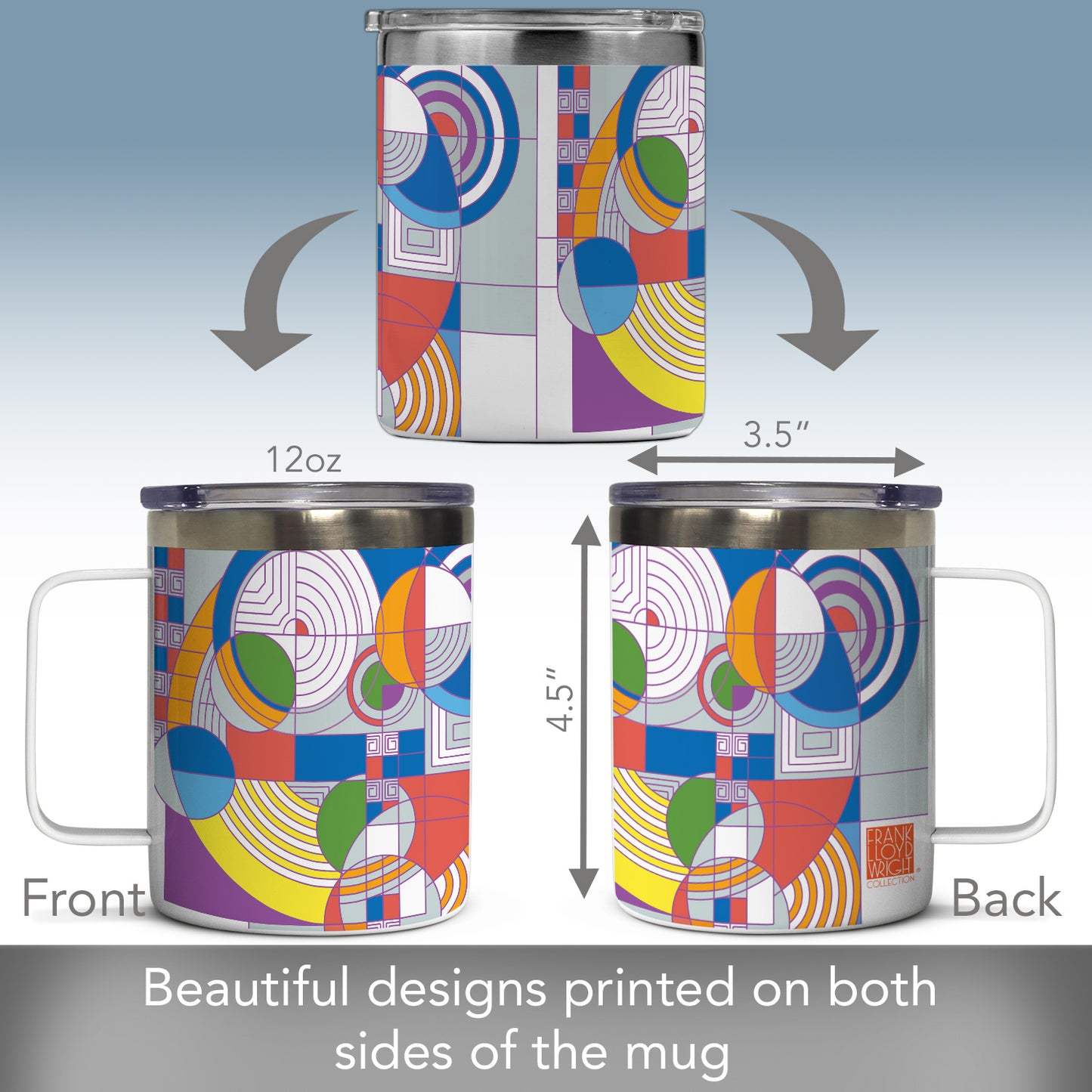 Highland Home Hoffman Rug Design by Frank Lloyd Wright on Stainless Steel Mug with Lid 12 oz. Manufactured in the USA