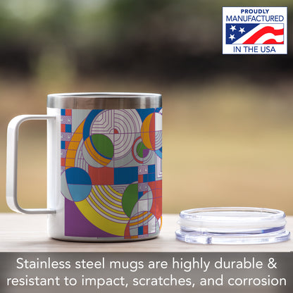 Highland Home Hoffman Rug Design by Frank Lloyd Wright on Stainless Steel Mug with Lid 12 oz. Manufactured in the USA