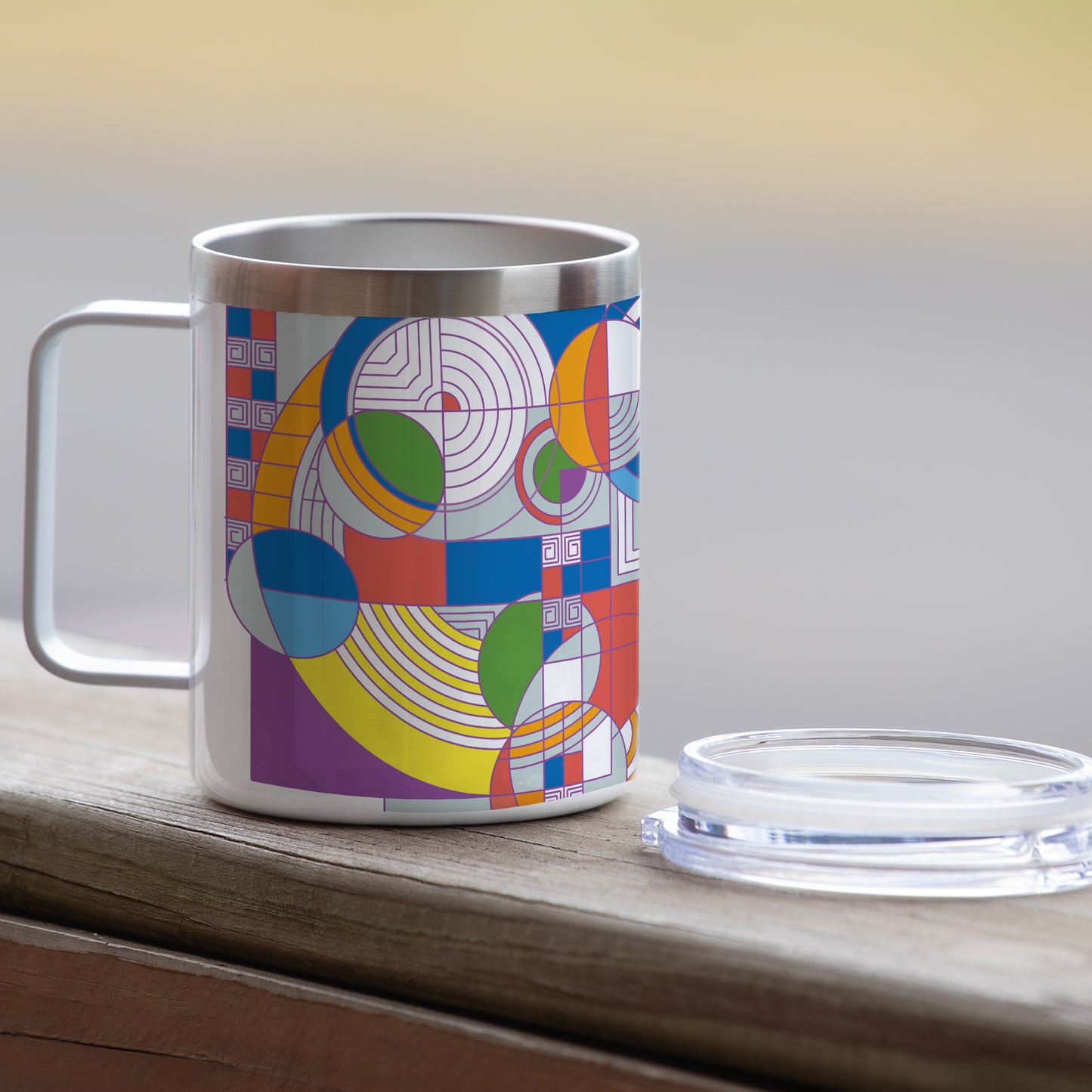 Highland Home Hoffman Rug Design by Frank Lloyd Wright on Stainless Steel Mug with Lid 12 oz. Manufactured in the USA