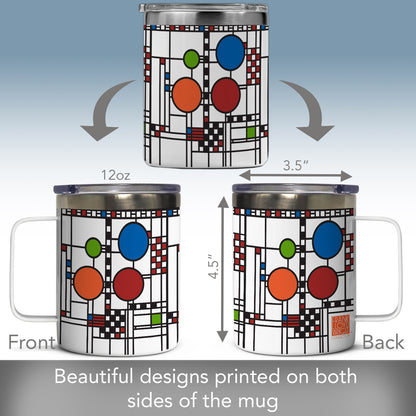 Highland Home Coonley Playhouse Window Design by Frank Lloyd Wright on Stainless Steel Mug with Lid 12 oz. Manufactured in the USA