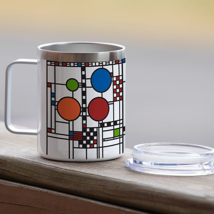 Highland Home Coonley Playhouse Window Design by Frank Lloyd Wright on Stainless Steel Mug with Lid 12 oz. Manufactured in the USA