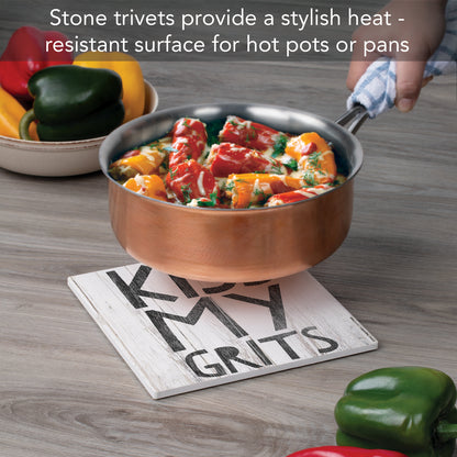 Thirstystone Kiss My Grits Decorative Heat Tolerant Stone Trivet with Non-Skid Cork Backing 8” Square