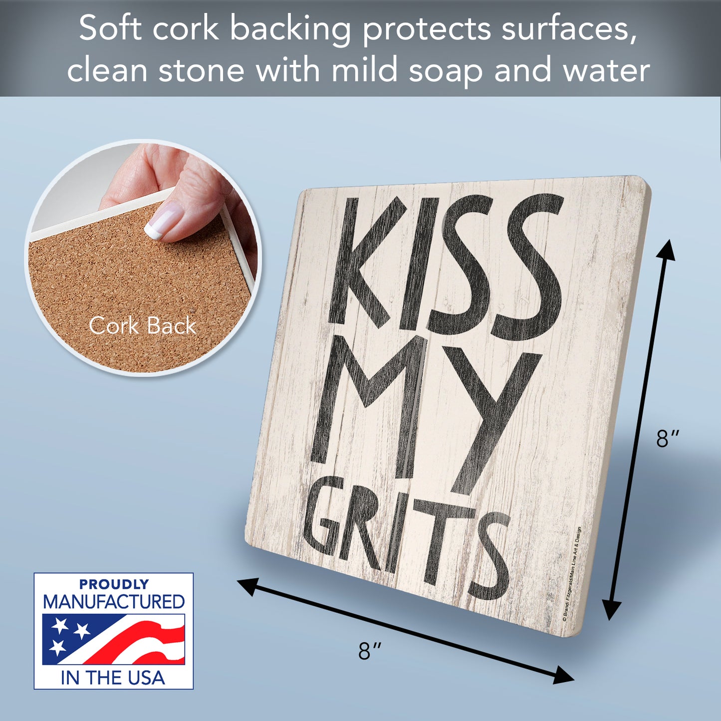 Thirstystone Kiss My Grits Decorative Heat Tolerant Stone Trivet with Non-Skid Cork Backing 8” Square