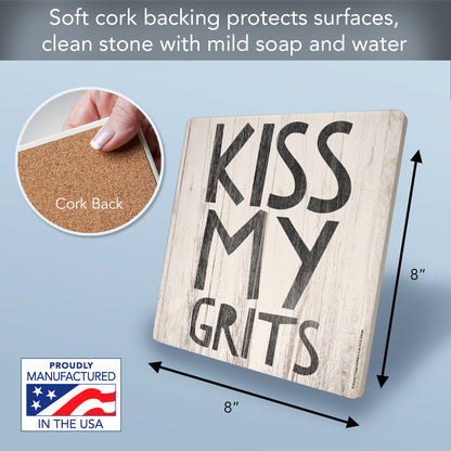 Thirstystone Kiss My Grits Decorative Heat Tolerant Stone Trivet with Non-Skid Cork Backing 8” Square