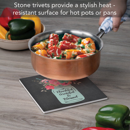 Thirstystone Thankful Decorative Heat Tolerant Stone Trivet with Non-Skid Cork Backing 8” Square