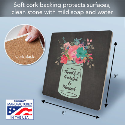 Thirstystone Thankful Decorative Heat Tolerant Stone Trivet with Non-Skid Cork Backing 8” Square