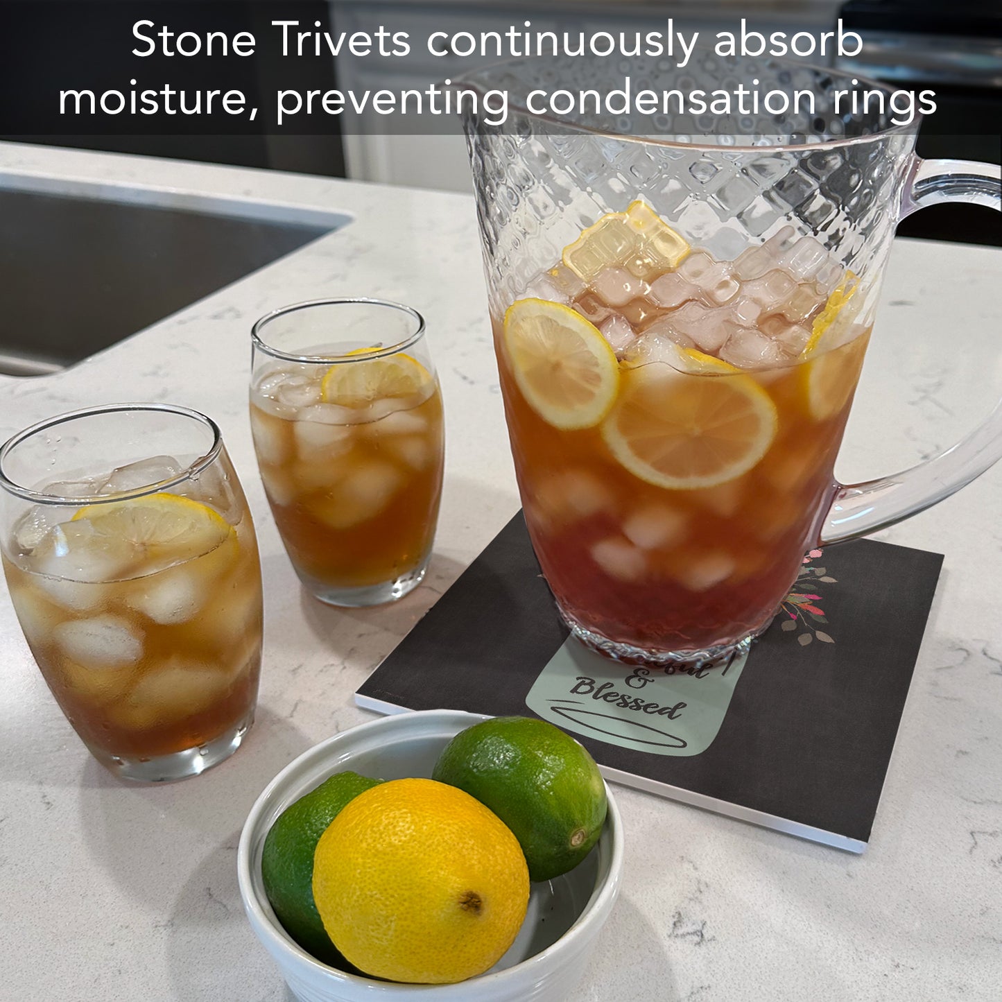 Thirstystone Thankful Decorative Heat Tolerant Stone Trivet with Non-Skid Cork Backing 8” Square