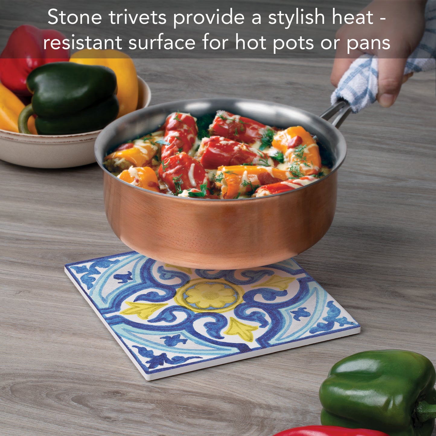 Thirstystone Blue & Yellow Tile Decorative Heat Tolerant Stone Trivet with Non-Skid Cork Backing 8” Square