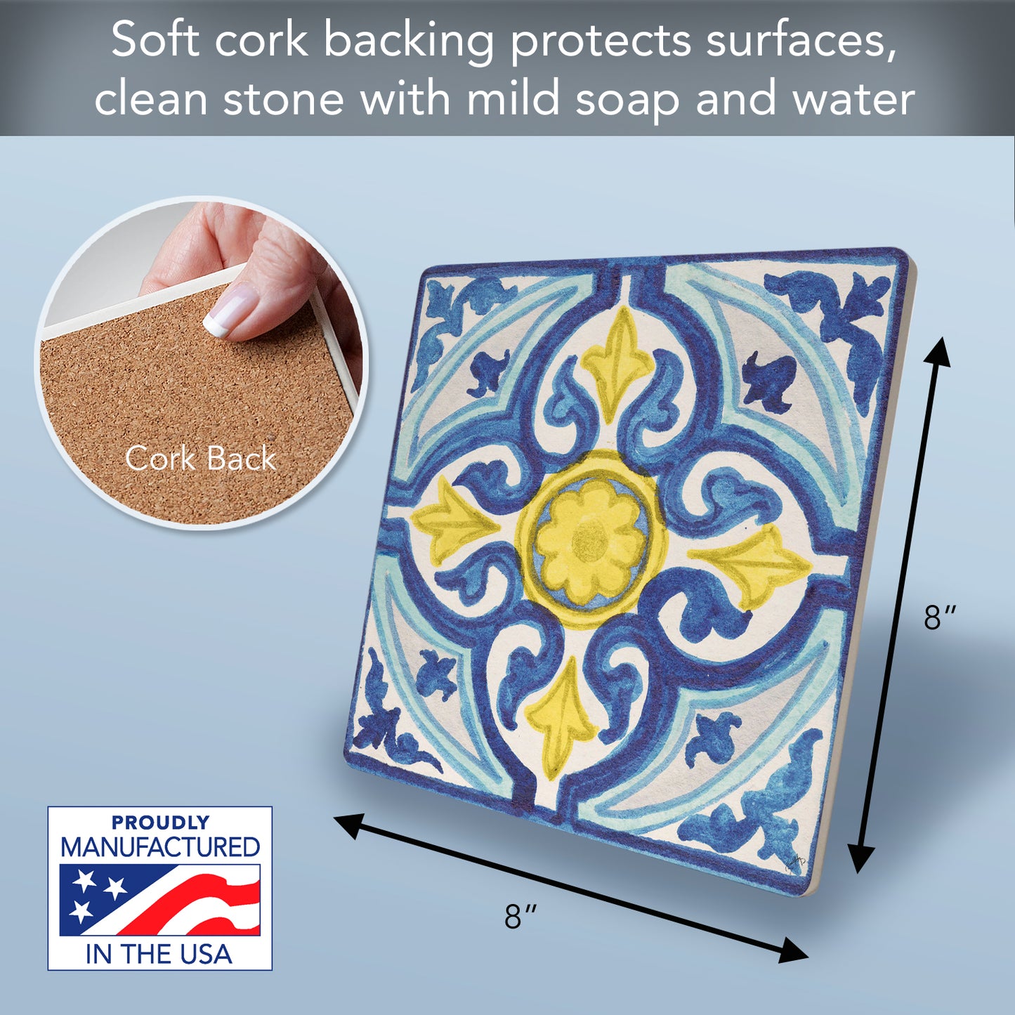 Thirstystone Blue & Yellow Tile Decorative Heat Tolerant Stone Trivet with Non-Skid Cork Backing 8” Square