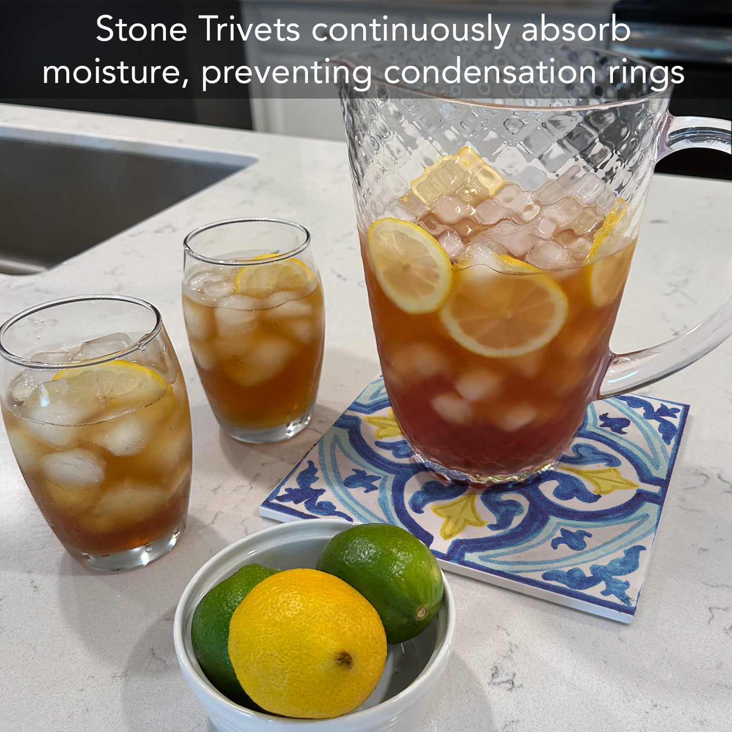 Thirstystone Blue & Yellow Tile Decorative Heat Tolerant Stone Trivet with Non-Skid Cork Backing 8” Square