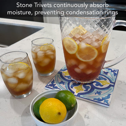 Thirstystone Blue & Yellow Tile Decorative Heat Tolerant Stone Trivet with Non-Skid Cork Backing 8” Square