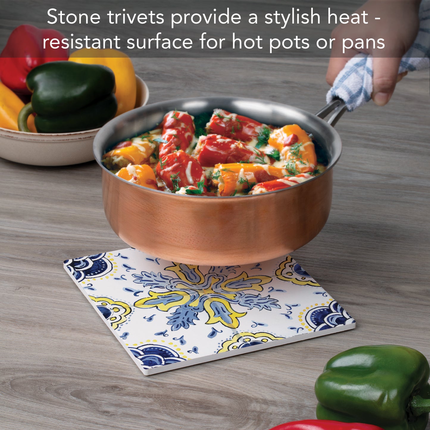 Thirstystone Floral Tile Decorative Heat Tolerant Stone Trivet with Non-Skid Cork Backing 8” Square