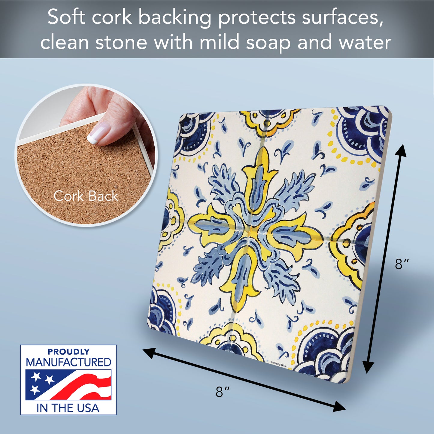 Thirstystone Floral Tile Decorative Heat Tolerant Stone Trivet with Non-Skid Cork Backing 8” Square