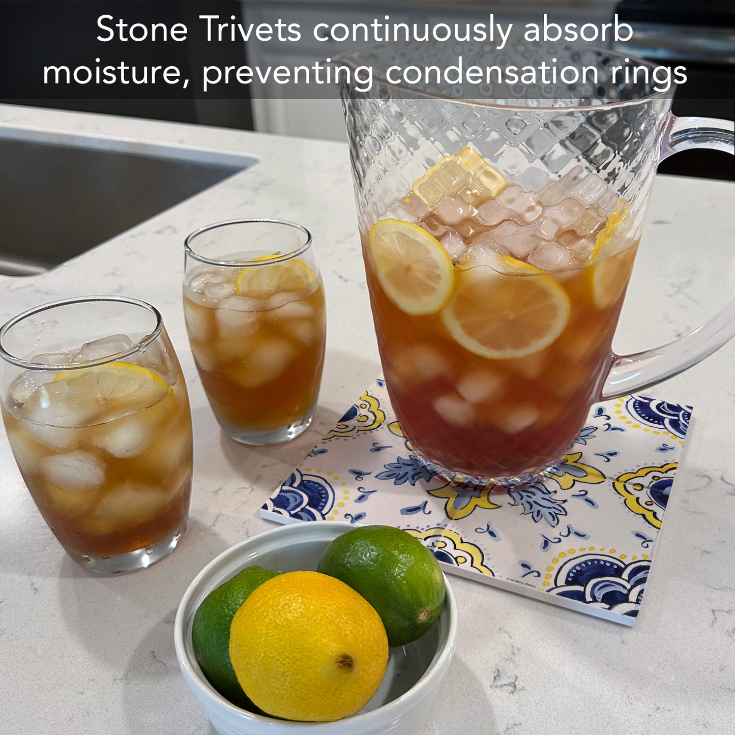 Thirstystone Floral Tile Decorative Heat Tolerant Stone Trivet with Non-Skid Cork Backing 8” Square