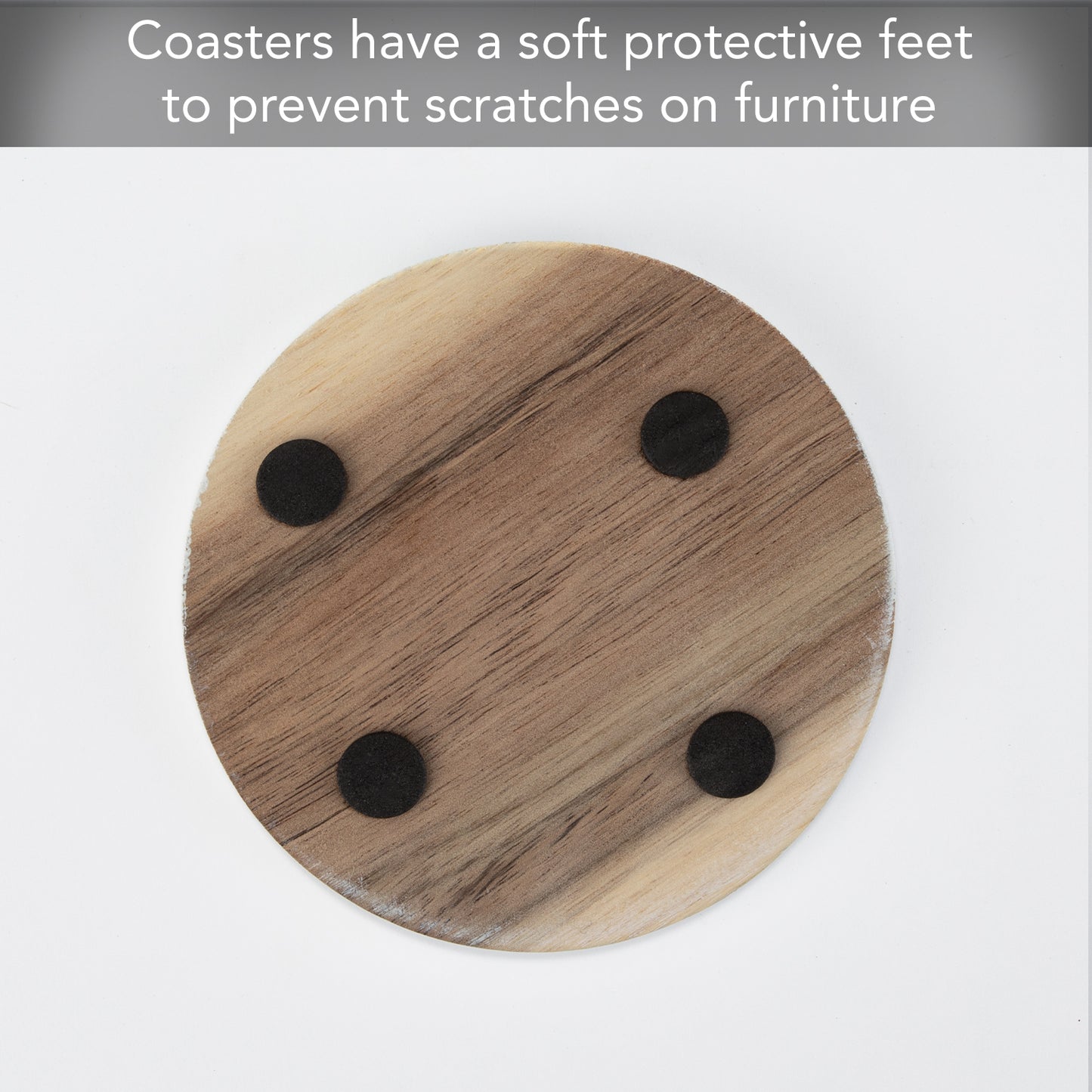 Thirstystone 4 Pack Natural Acacia Wood with White Edges 4" Round Protective Feet Included Easily Wipes Clean