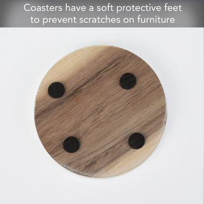 Thirstystone 4 Pack Natural Acacia Wood with White Edges 4" Round Protective Feet Included Easily Wipes Clean