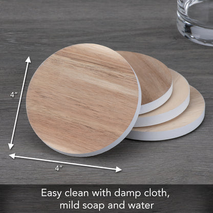 Thirstystone 4 Pack Natural Acacia Wood with White Edges 4" Round Protective Feet Included Easily Wipes Clean
