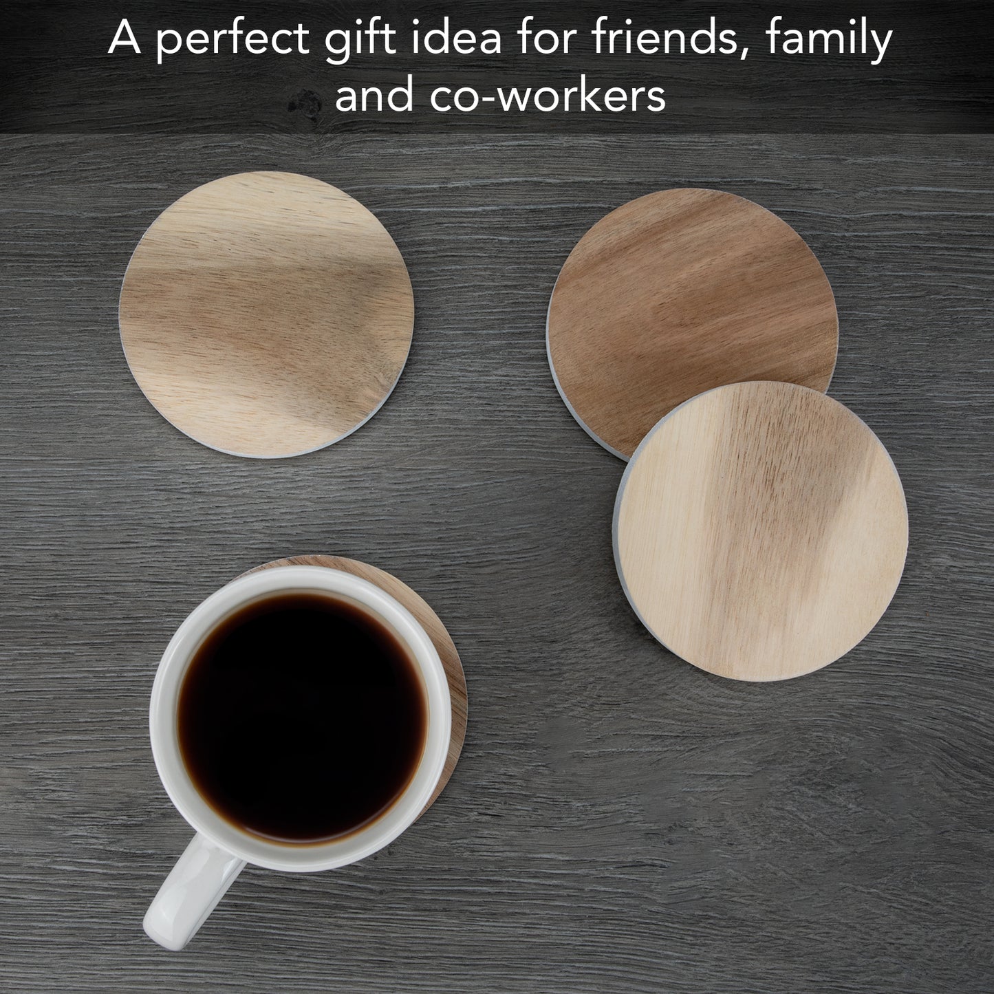 Thirstystone 4 Pack Natural Acacia Wood with White Edges 4" Round Protective Feet Included Easily Wipes Clean