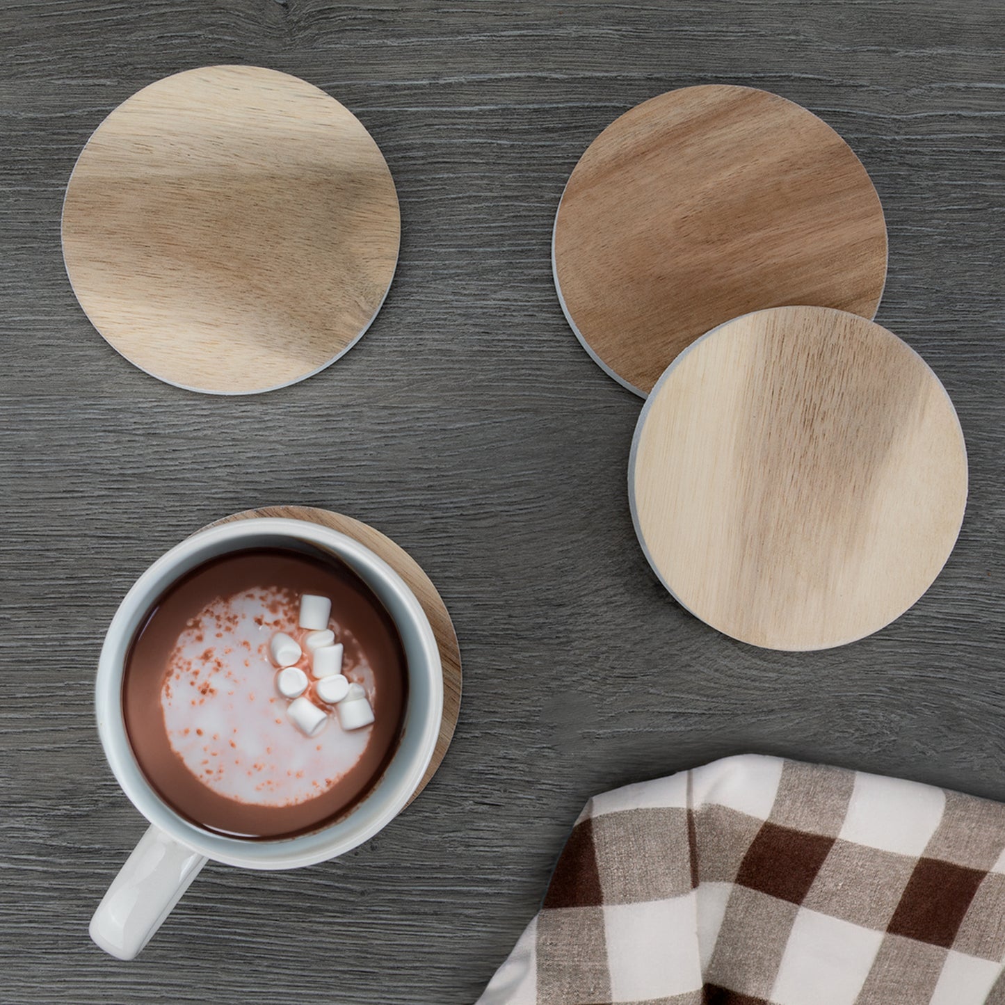 Thirstystone 4 Pack Natural Acacia Wood with White Edges 4" Round Protective Feet Included Easily Wipes Clean