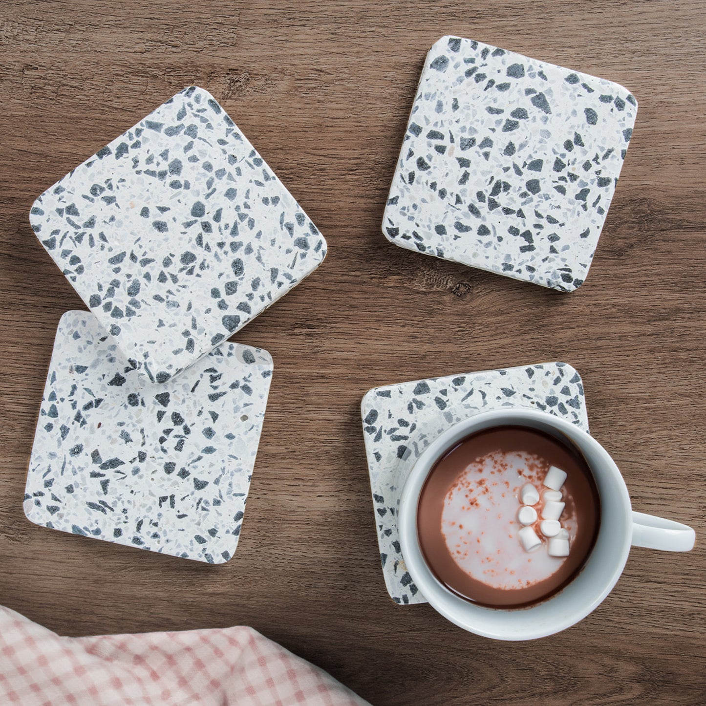 Thirstystone White Natural Terrazzo Coasters with Large Marble Flecks and Protective Cork Backing 4" Square Attractive Absorbent Easily Wipes Clean