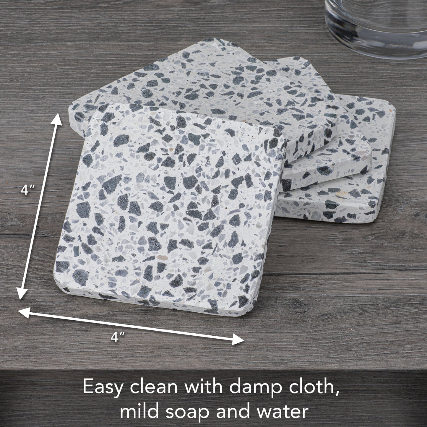 Thirstystone White Natural Terrazzo Coasters with Large Marble Flecks and Protective Cork Backing 4" Square Attractive Absorbent Easily Wipes Clean