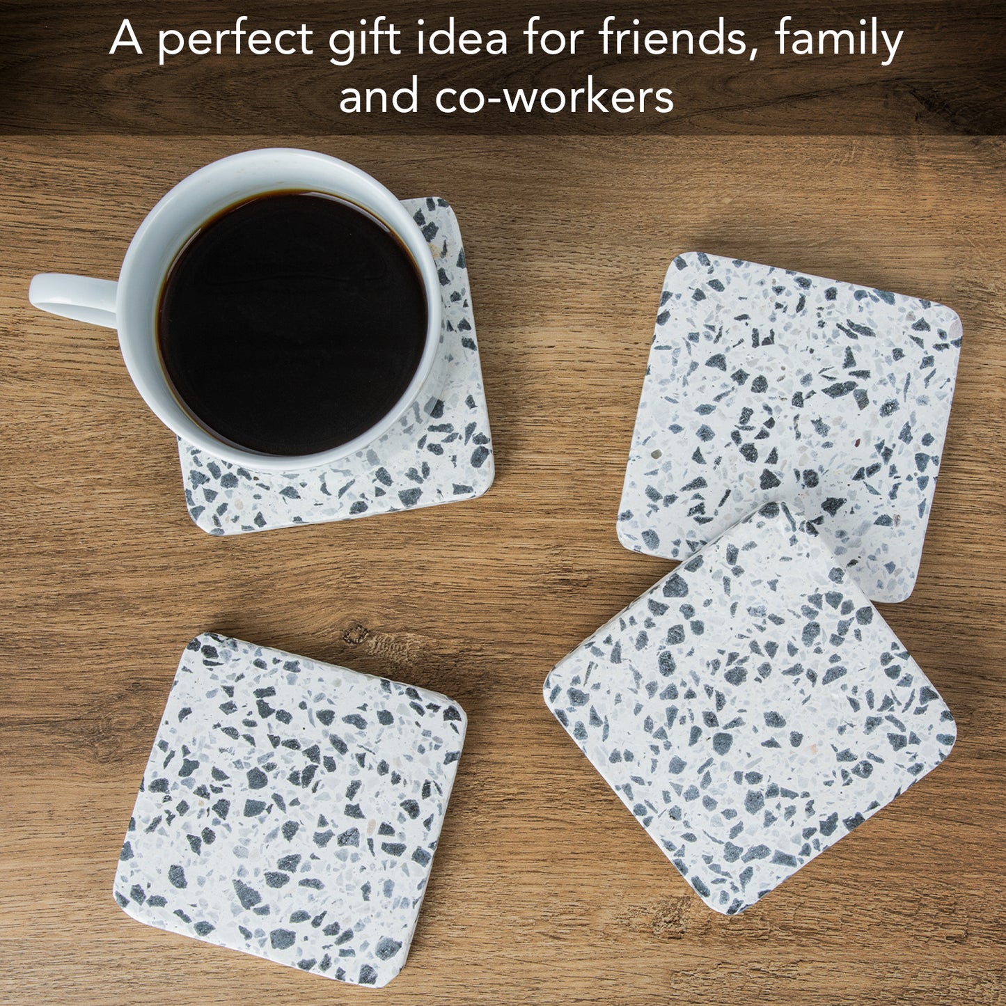 Thirstystone White Natural Terrazzo Coasters with Large Marble Flecks and Protective Cork Backing 4" Square Attractive Absorbent Easily Wipes Clean