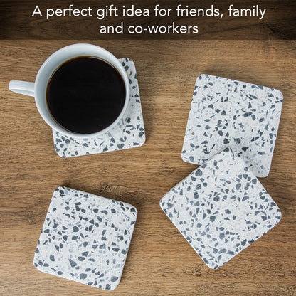 Thirstystone White Natural Terrazzo Coasters with Large Marble Flecks and Protective Cork Backing 4" Square Attractive Absorbent Easily Wipes Clean