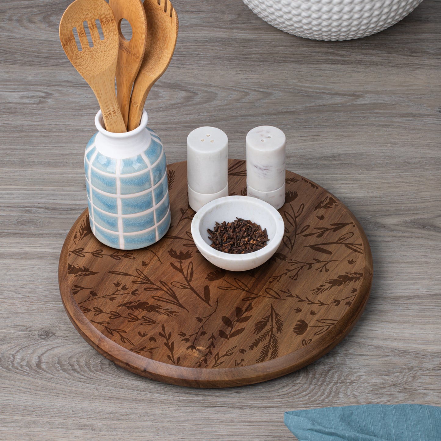 Thirstystone Acacia Wood Lazy Susan, Round Turntable for Serving, Kitchen Organizer & Rotating Platter - Meadow with Etched Floral Design
