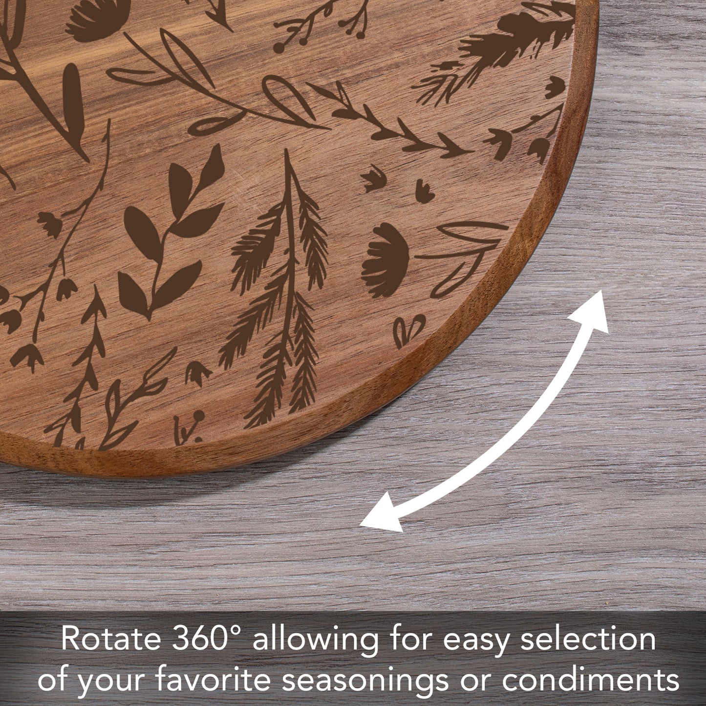 Thirstystone Acacia Wood Lazy Susan, Round Turntable for Serving, Kitchen Organizer & Rotating Platter - Meadow with Etched Floral Design