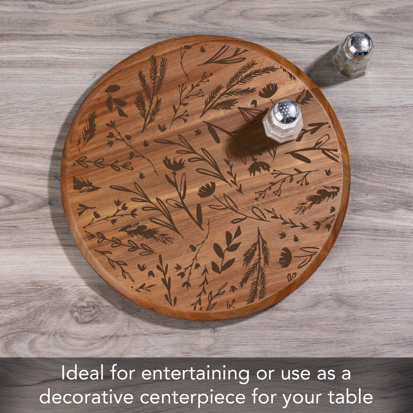 Thirstystone Acacia Wood Lazy Susan, Round Turntable for Serving, Kitchen Organizer & Rotating Platter - Meadow with Etched Floral Design