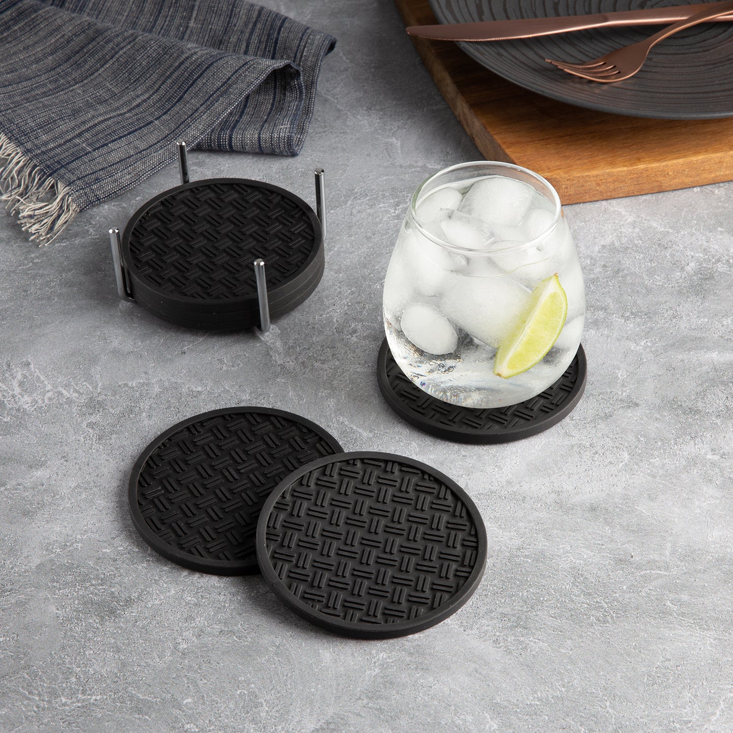 Thirstystone Set of 6 TPR/Rubber Coasters in Chrome Coaster Holder
