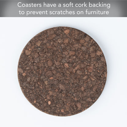 Thirstystone Set of 6 Thick Dark Cork Coasters in Attractive Black Coaster Holder 4.7" Round Durable Absorbent Easily Wipes Clean