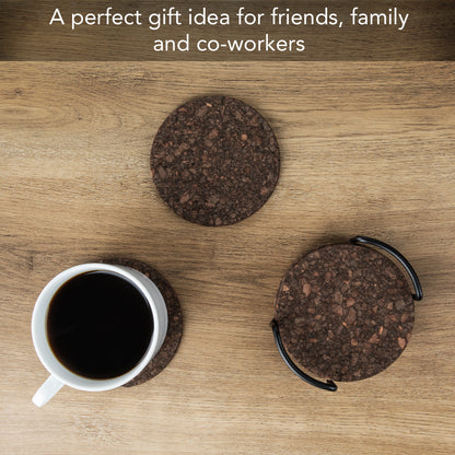 Thirstystone Set of 6 Thick Dark Cork Coasters in Attractive Black Coaster Holder 4.7" Round Durable Absorbent Easily Wipes Clean