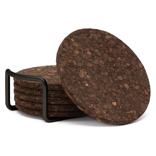 Thirstystone Set of 6 Thick Dark Cork Coasters in Attractive Black Coaster Holder 4.7" Round Durable Absorbent Easily Wipes Clean