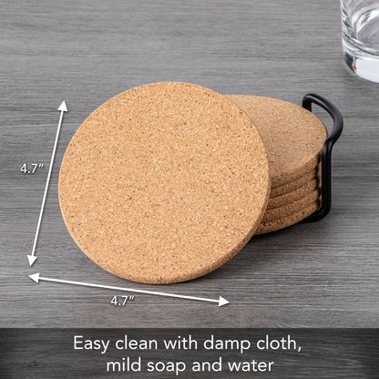 Thirstystone Set of 6 Thick Cork Coasters in Attractive Black Coaster Holder 4.7" Round Durable Absorbent Easily Wipes Clean