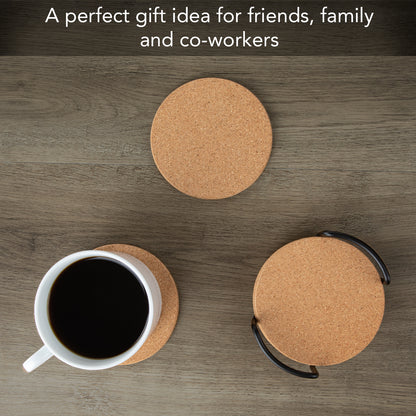 Thirstystone Set of 6 Thick Cork Coasters in Attractive Black Coaster Holder 4.7" Round Durable Absorbent Easily Wipes Clean